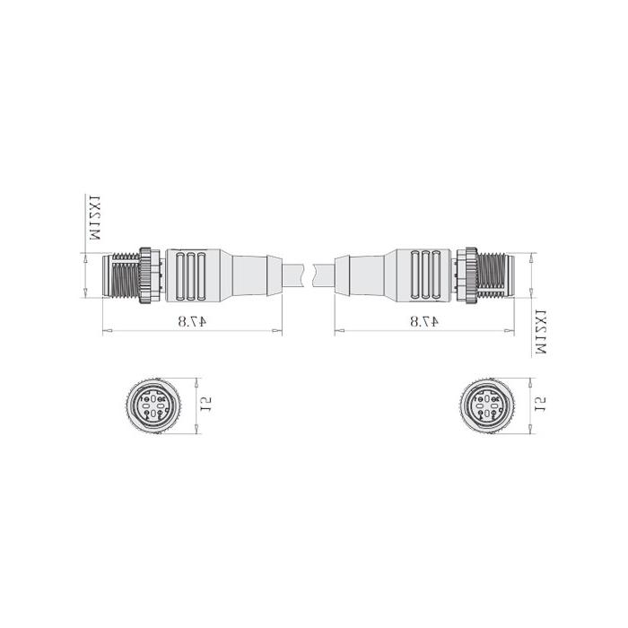 M12 4Pin D-coded、公头直型转公头直型、双端预铸PVC非柔性电缆、灰色护套、64DD23-XXX